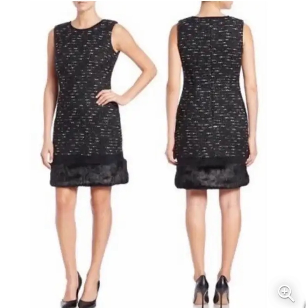 Calvin Klein Black Tweed Sleeveless Shift Dress with Faux Fur Hem